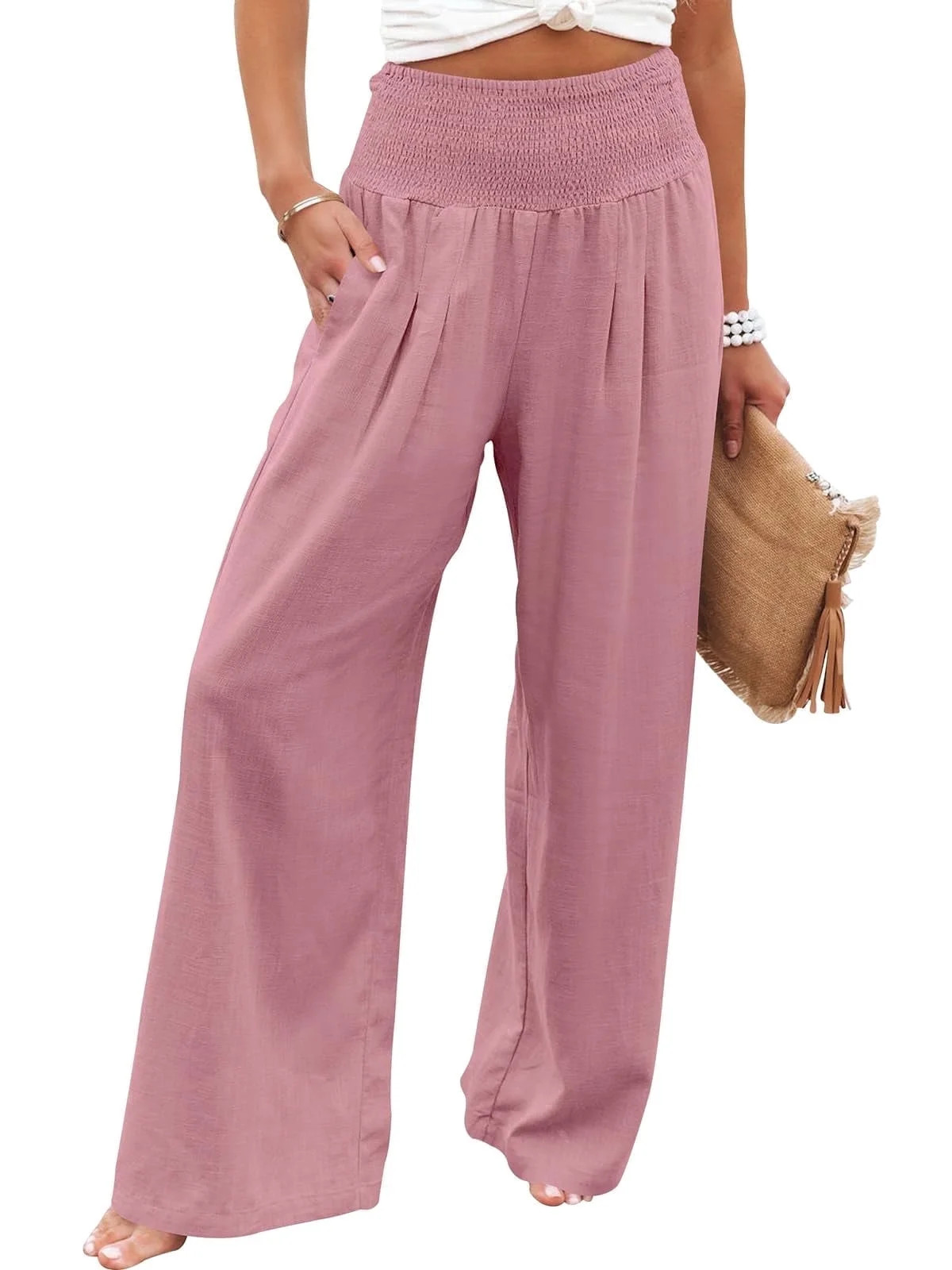 ANRABESS Linen Wide Leg Pants for Women Summer Boho High Waist Palazzo Pants Beach Lounge Casual ... | Walmart (US)