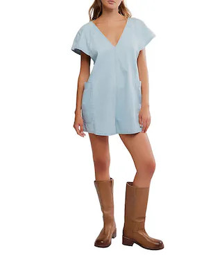 Free People Free Fall V-Neck Short Sleeve Denim Romper - L | Dillard's