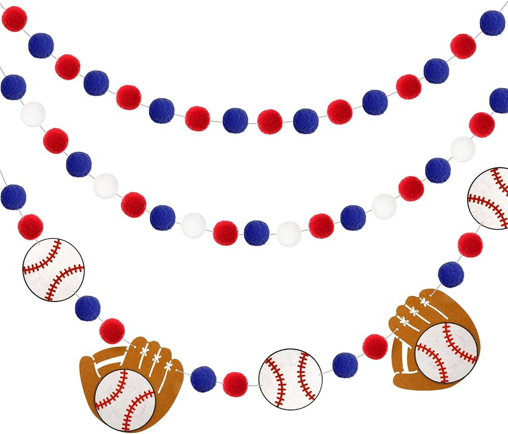 Tatuo 3 Pieces Baseball Pompom Garland Baseball Sports Theme Banner Blue Red White Felt Ball Base... | Amazon (US)