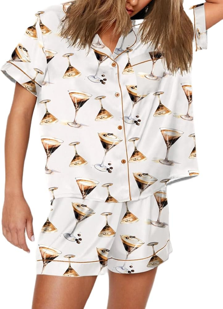 Women Y2k Graphic Pajama Set Bottles Print Short Sleeve Button Shirt Elastic Waist Wide Leg Short... | Amazon (US)
