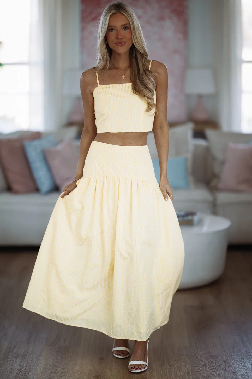 Nostalgia Check Maxi Skirt - Lemon Yellow and White | Hazel and Olive
