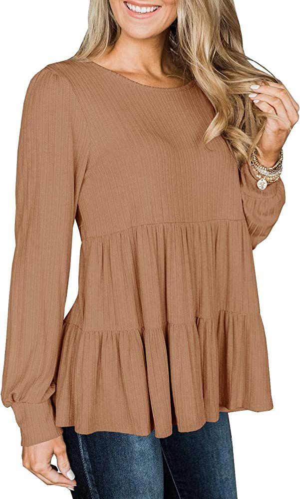 Modershe Womens Long Sleeve Tunic Babydoll Knit Tops Peplum Ruffle Hem Blouse Loose Casual Shirt Flo | Amazon (US)
