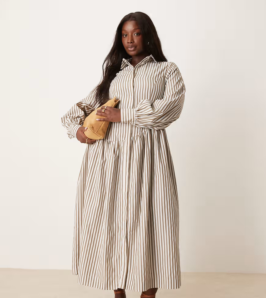 ASOS DESIGN Curve maxi shirt dress with asymmetric button detail in brown stripe-Multi | ASOS (Global)