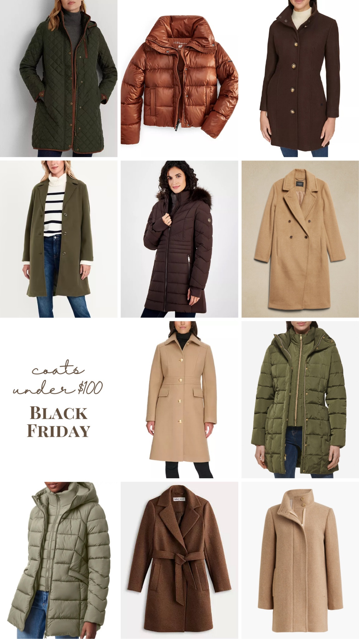 Black Friday coats under $100 for autumns, wool, puffer, Cole Haan, Macys, Ralph Lauren, brown, dark brown, Loden, olive green, chestnut, old navy, topper coat, driving coat, quilted coat, classic style, gifts, wool blend, peacoat, trench, wrap coat, kohls, budget, midsize, work wear, professional, sage green, grass green

True autumn, dark autumn, soft autumn, house of colour autumn, hocautumn, vibrant autumn, color analysis

#LTKFindsUnder100 #LTKWorkwear #LTKCyberWeek