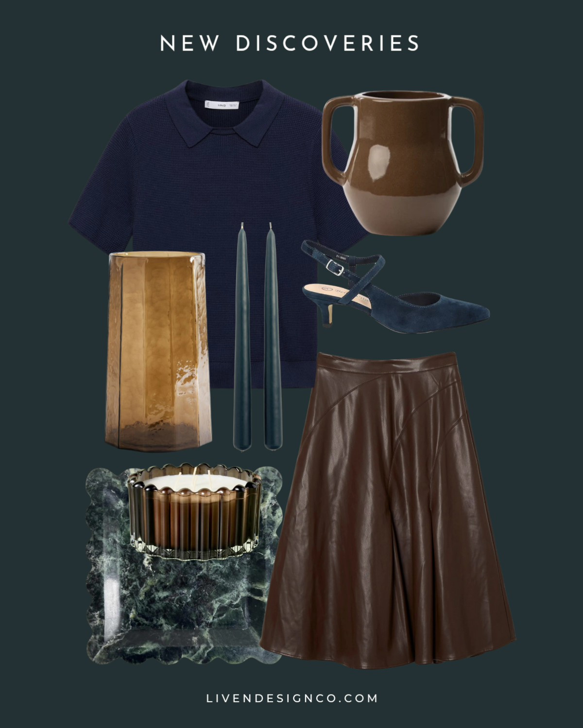 Glass vase. Collared sweater top. Leather skirt. Brown vase. Blue heels. Marble tray. Candlesticks. Jar candle

#LTKCyberWeek #LTKSeasonal #LTKHome