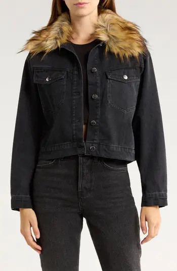 Vigoss Faux Fur Collar Crop Denim Jacket | Nordstromrack | Nordstrom Rack