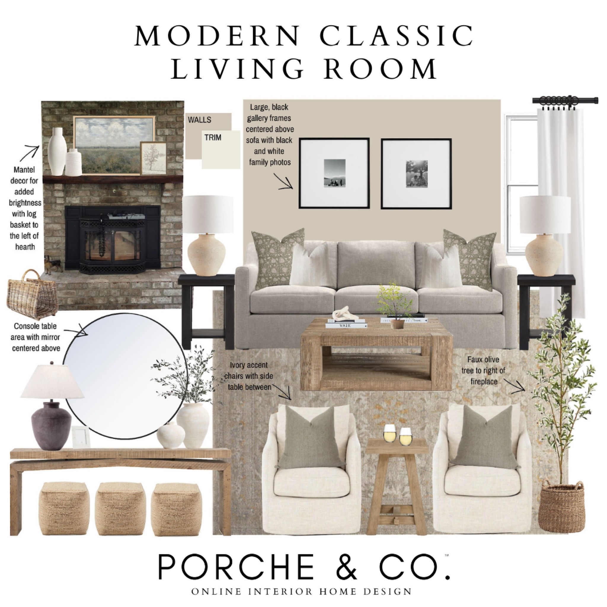 Living room mood board, living room design, transitional living room, living room decor, gallery wall, leather accent chairs, round coffee table, modern art #livingroom #moodboard 

#LTKhome #LTKstyletip #LTKSeasonal