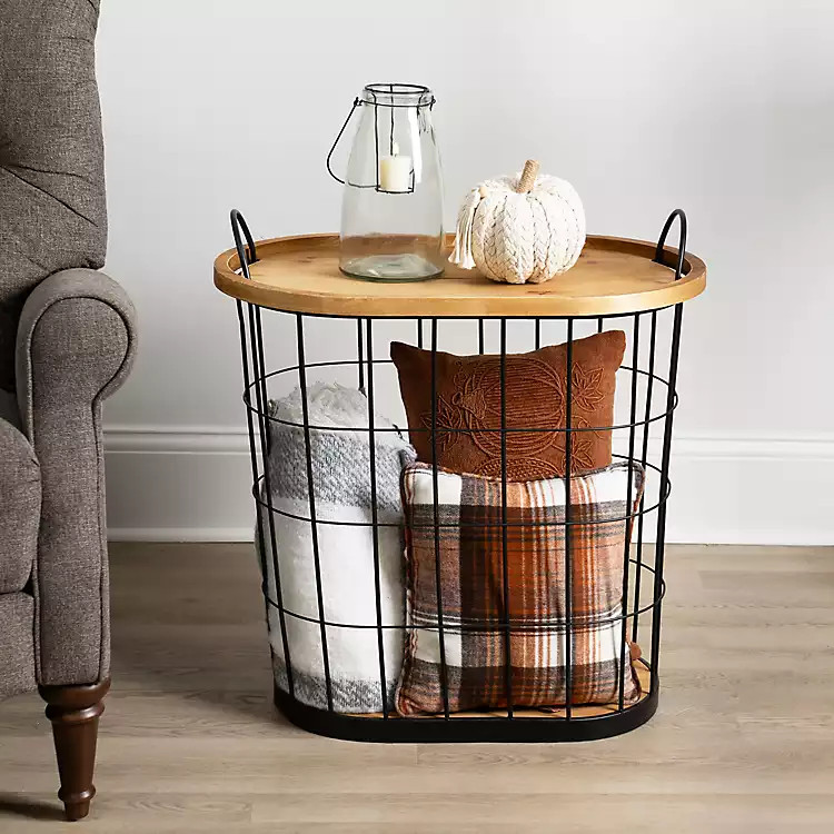 Black Wire and Natural Wood Basket Side Table | Kirkland's Home