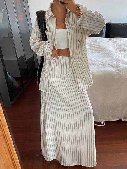Livesso Women's Casual Striped Shirt And Skirt 2 Pieces Set | SHEIN
