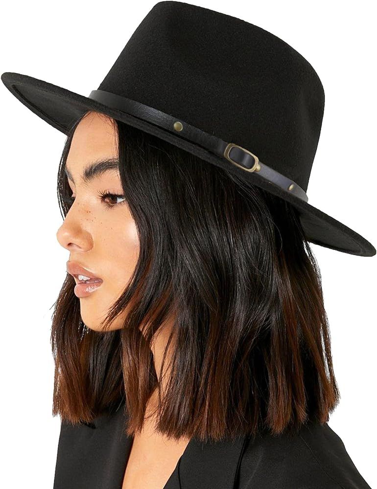 Womens Fedora-Floppy Vintage-Jazz-Hat - Wide Brim Felt Hat with Belt Buckle Panama Hat | Amazon (US)