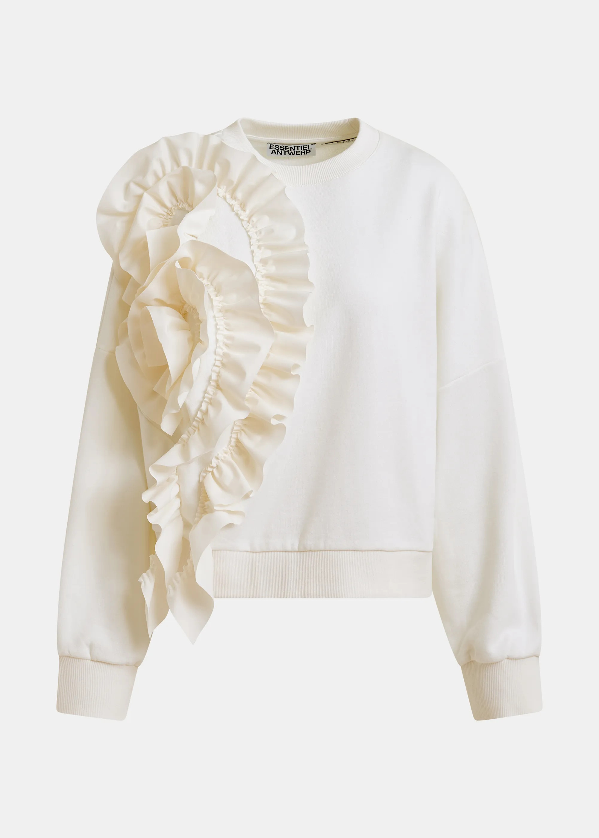 White cotton-blend sweatshirt with ruffle details | Essentiel Antwerp United Kingdom | Essentiel Antwerp