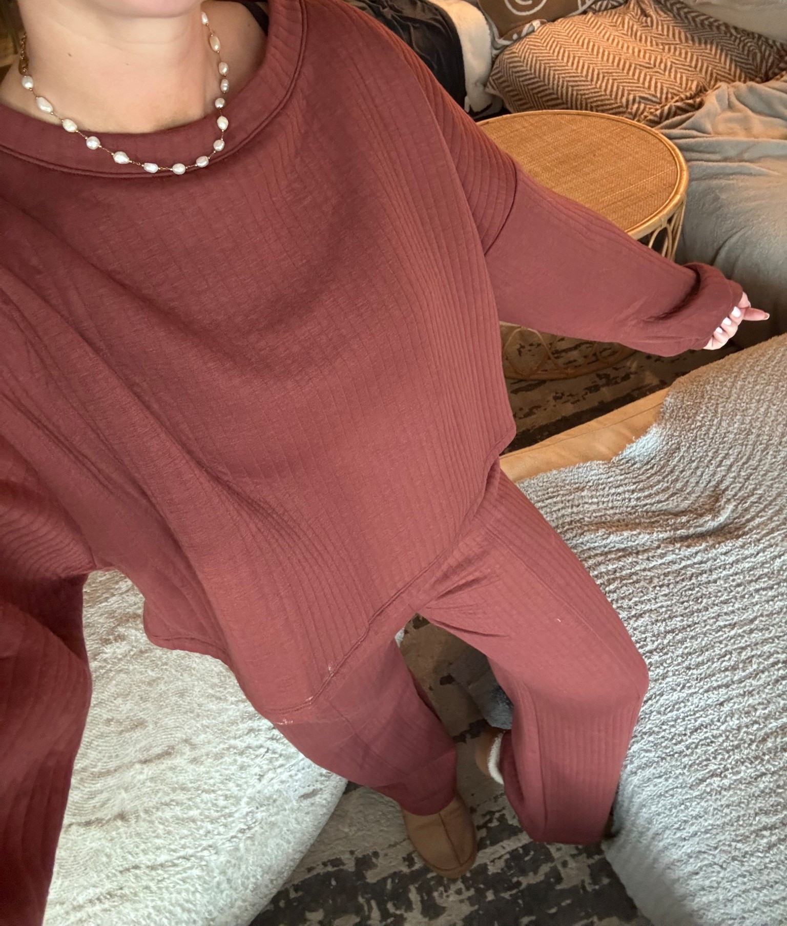 The comfiest set!!! Wearing small bottoms and medium top 