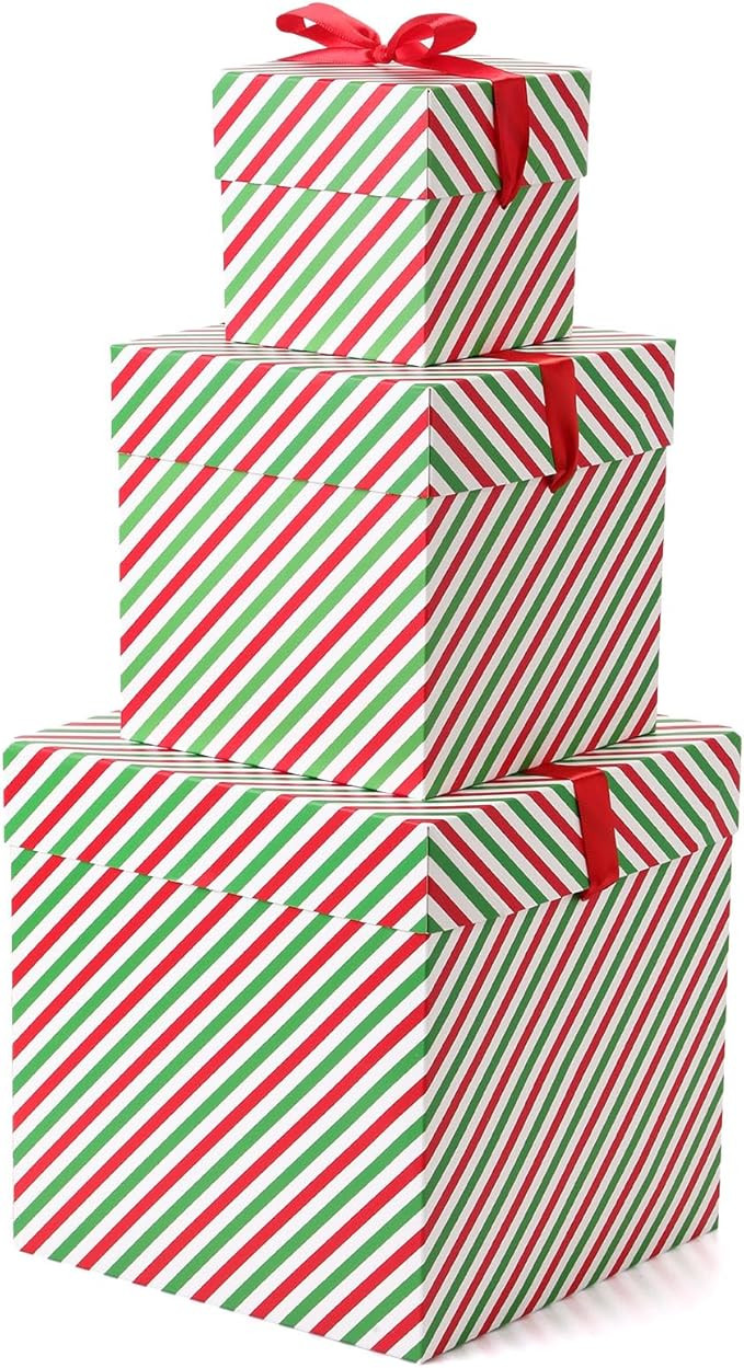 TecUnite 3 Pcs Christmas Nesting Gift Boxes Candy Cane Striped Christmas Stackable Boxes Decorati... | Amazon (US)