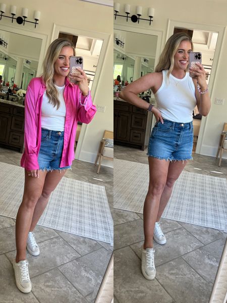 Target Pink button down shirt is 10/10. Looks so high end. Lightweight satin & washer + dryer friendly. TTS - M 
Fav target tank - high neck white ribbed tank. So soft + comfy & a little stretch. Only $8!!! TTS - M
Denim shorts are 🤌🏼 TTS - 8. Only $22
Pearl sneakers TTS


#LTKsalealert #LTKFind #LTKunder50