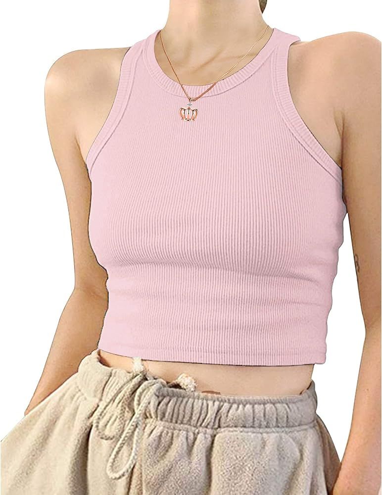VINMEN Women High Neck Rib Knit Crop Tank Tops Camisole Rib | Amazon (US)