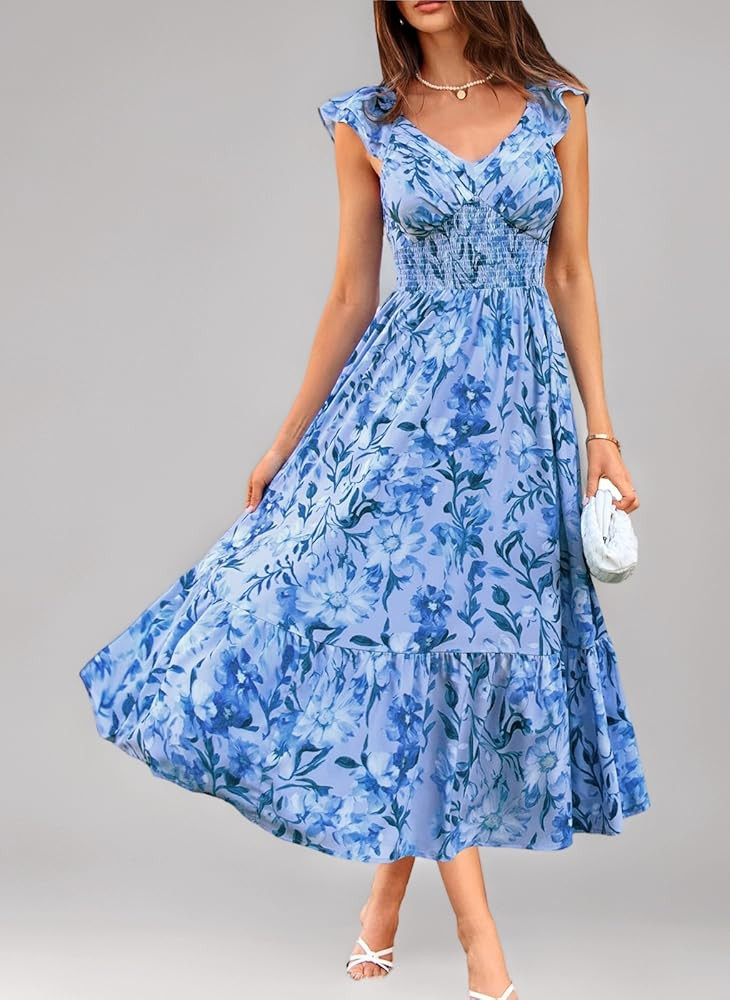 GRACE KARIN Damen Elegant Blumenkleid, R\u00fcschen\u00e4rmel V-Ausschnitt Kleid Damen Sommer mit... | Amazon (DE)