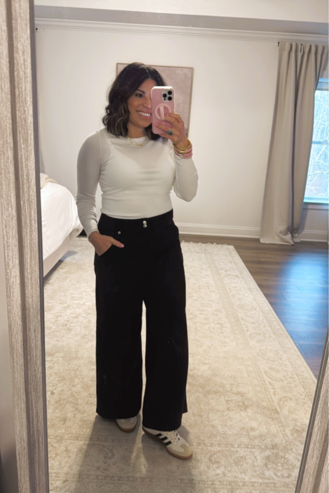 This shirt, jeans and shoes in repeat! I’m in a small shirt, 27 jeans and sized down 1/2 a size for my shoes!