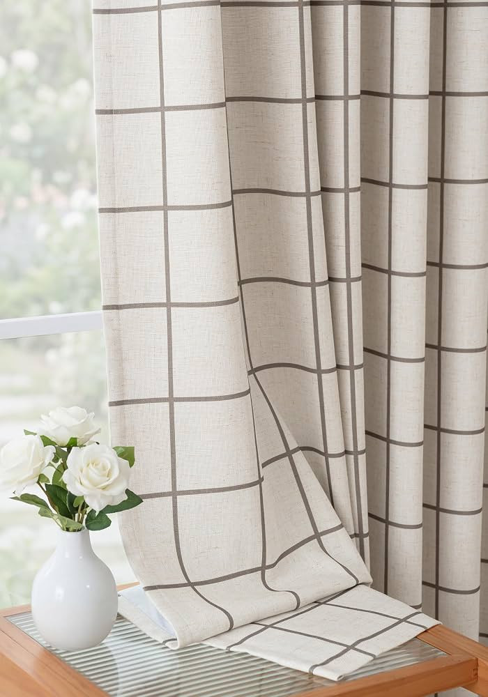 THREE GIRLS Pinch Pleated Plaid Curtains Blackout Linen Gingham Brown Curtains for Living Room,Be... | Amazon (US)