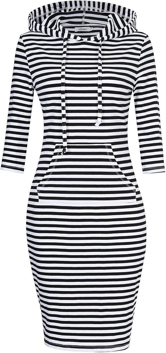 MISSKY Women Stripe Pocket Knee Length Slim Casual Pullover Hoodie Dress | Amazon (US)