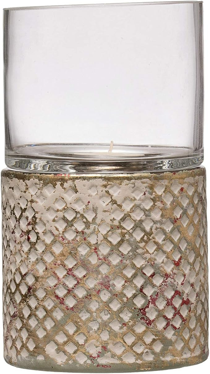 Creative Co-Op Embossed Stoneware Candleholder with Glass Hurricane Votive Holder, Multicolor | Amazon (US)