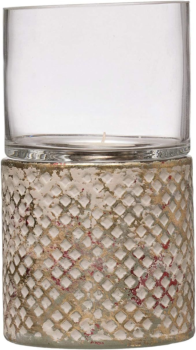 Creative Co-Op Embossed Stoneware Candleholder with Glass Hurricane Votive Holder, Multicolor | Amazon (US)