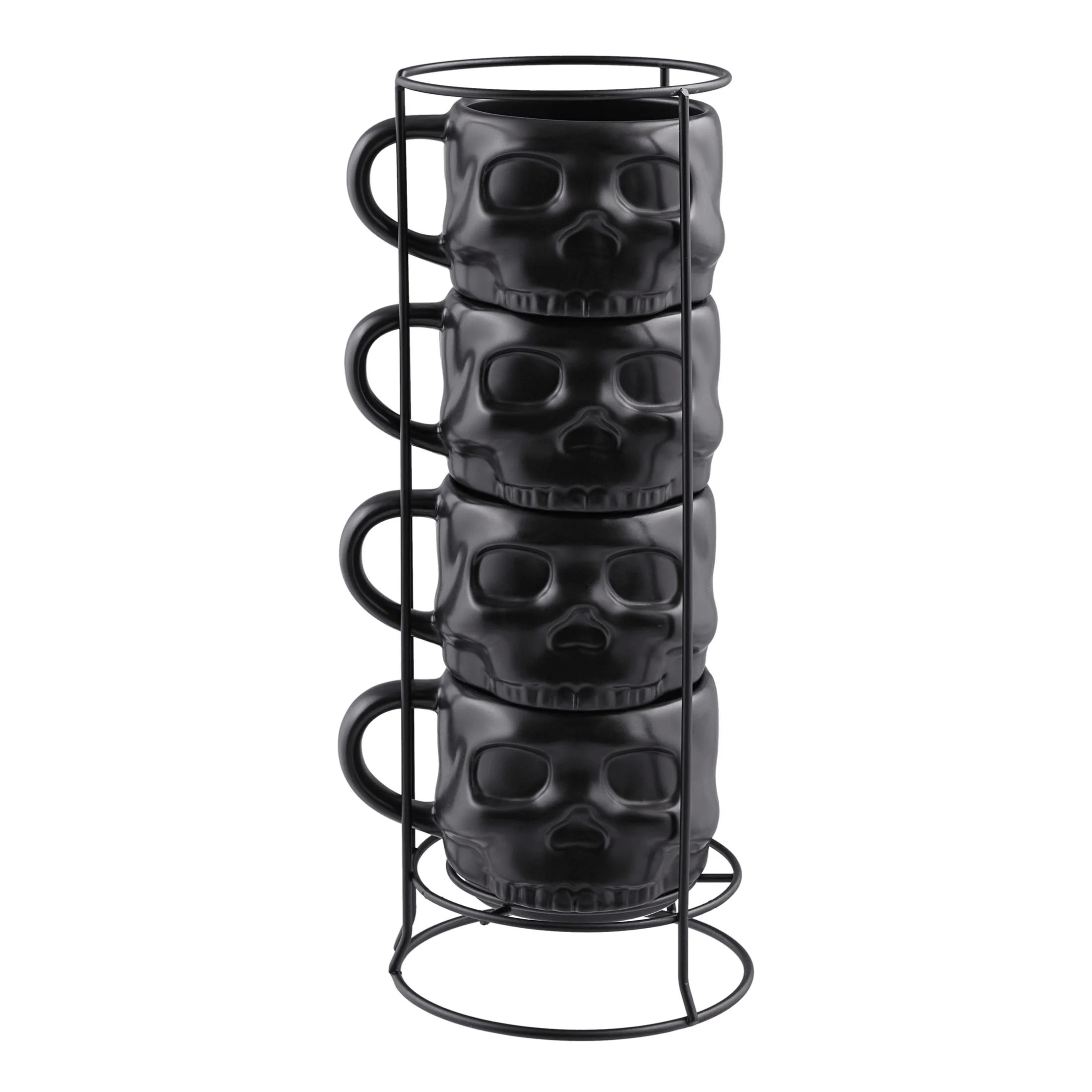 Way to Celebrate 4-Piece 13-Oz Black Skull-Shaped Glazed Ceramic Stacking Mug Set with Metal Rack | Walmart (US)