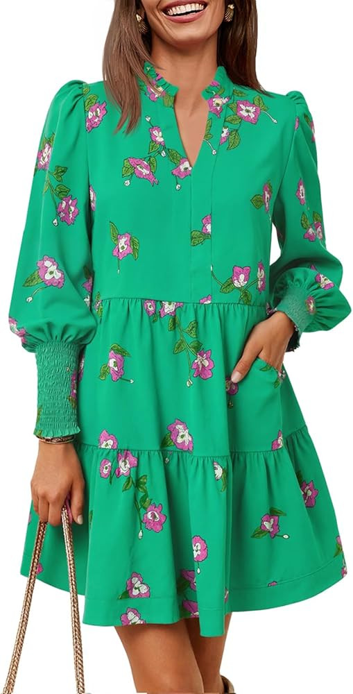 Imily Bela Womens Fall Long Sleeve Tunic Dress Casual V Neck Loose Ruffle Tiered Dress | Amazon (US)