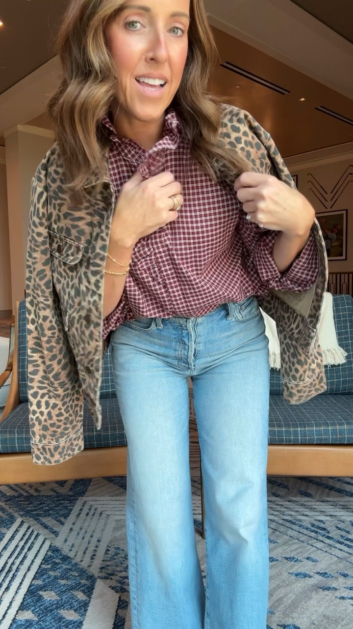 Leopard denim jacket. Ruffle trim plaid buttondown. Fall layering. Pattern mixing. Both on sale. 
Jacket XS. Shirt XS. Jeans TTS, 25.

#LTKSaleAlert #LTKSeasonal #LTKOver40