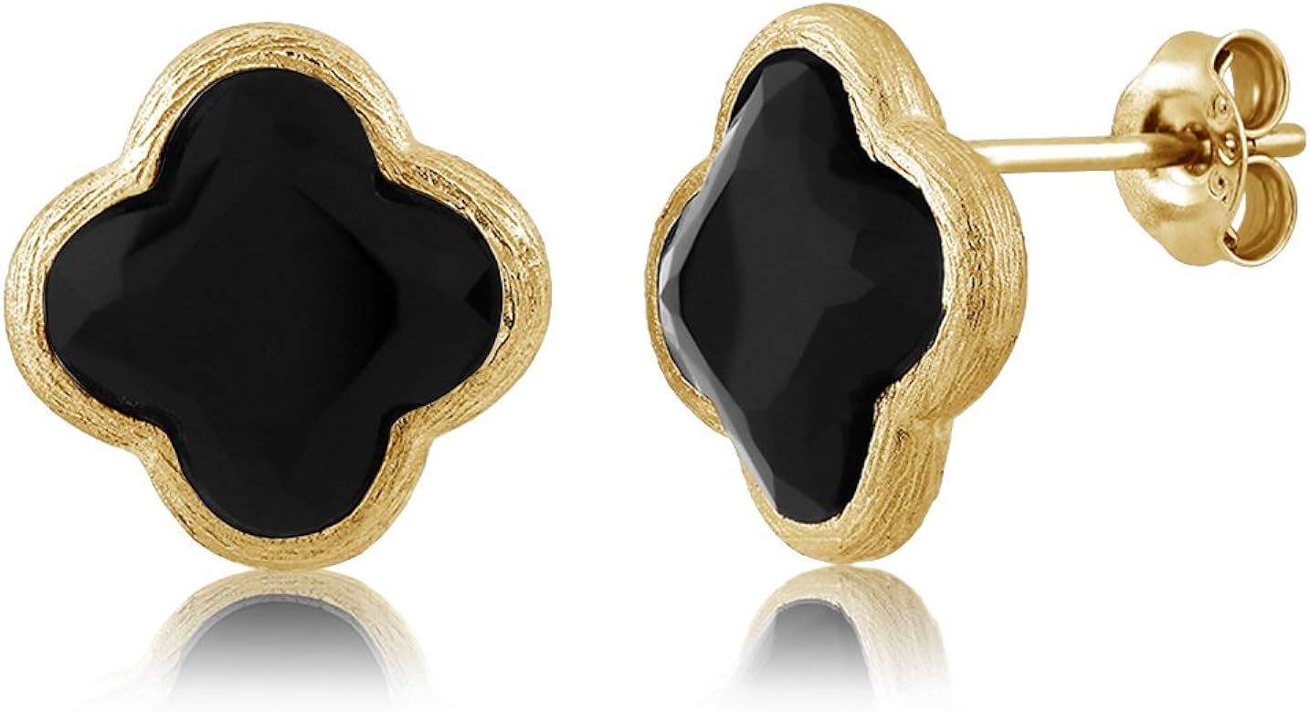 925 Sterling Silver Flower Shape Clover Designs Black Onyx Diamond Cut Stud Earrings For Women | Amazon (US)