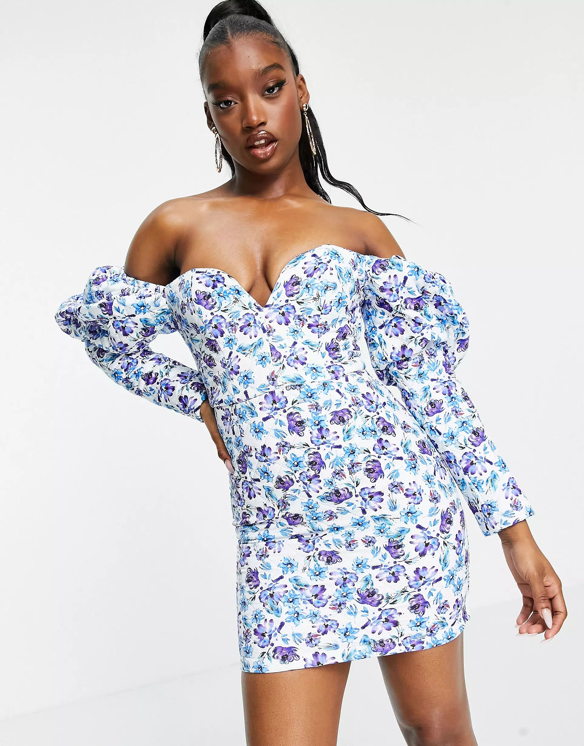 ASOS DESIGN puff long sleeve quilted mini dress in floral print | ASOS (Global)