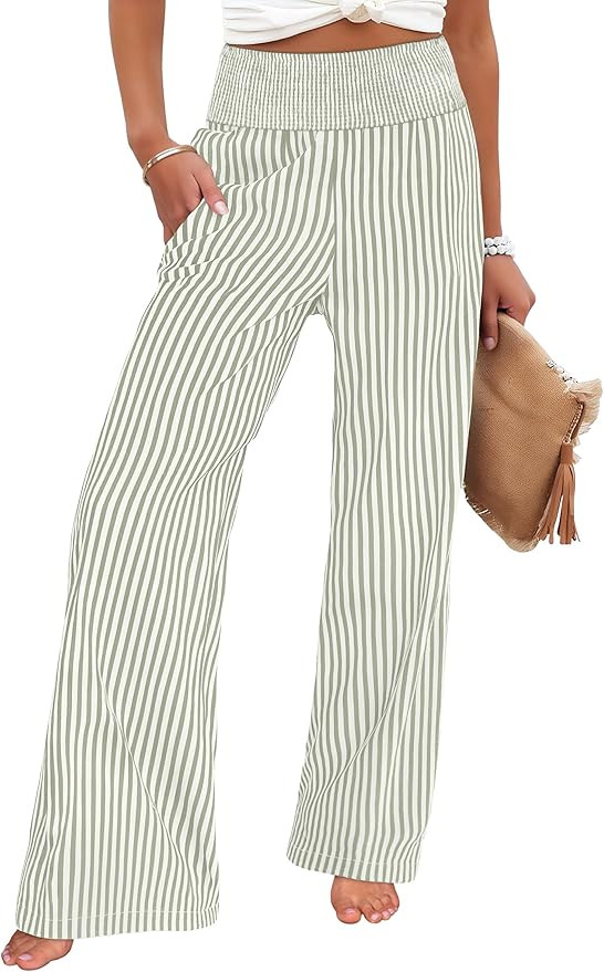ANRABESS Womens Striped Gingham Palazzo Pants Wide Leg High Waisted Lounge Pajama Pants Cute Casu... | Amazon (US)