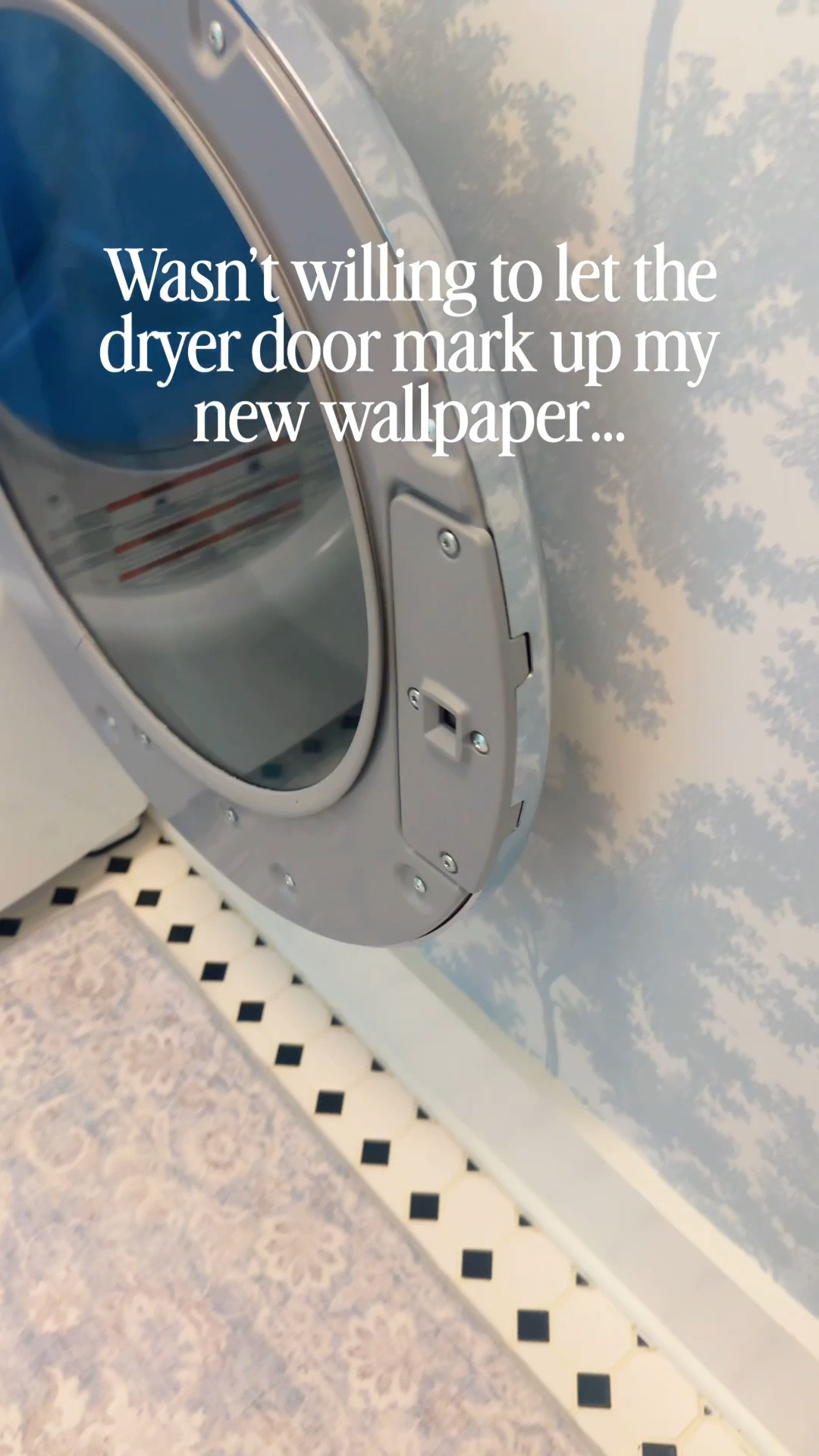 You can’t see it here, but there are black marks on the wall from where the dryer door repeatedly struck. So my tolerance for that became zero after installing all those wallpaper myself (although the wallpaper is actually a great protector for the wall as well). Even so, this is the better solution for maintaining pretty paper, and reducing unnecessary collisions in my designer laundry-closet. 😆

#JZWBLILY #wondrg
#lovevsdesign #laundryroom

#LTKHome #LTKmomlife