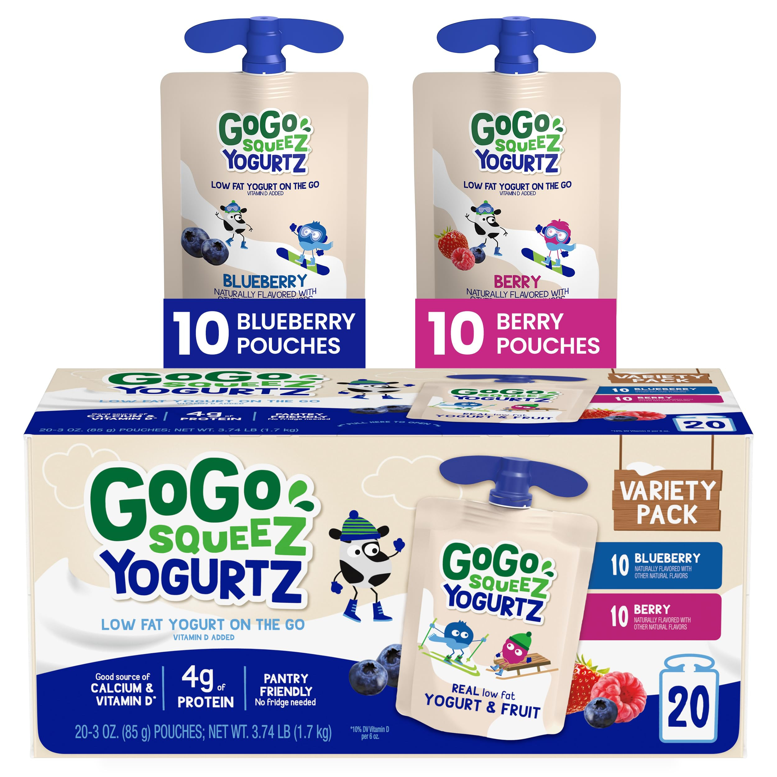 GoGo squeeZ yogurtZ Variety Pack, Blueberry & Berry, 3 oz (Pack of 20), Kids Snacks Made from Rea... | Amazon (US)