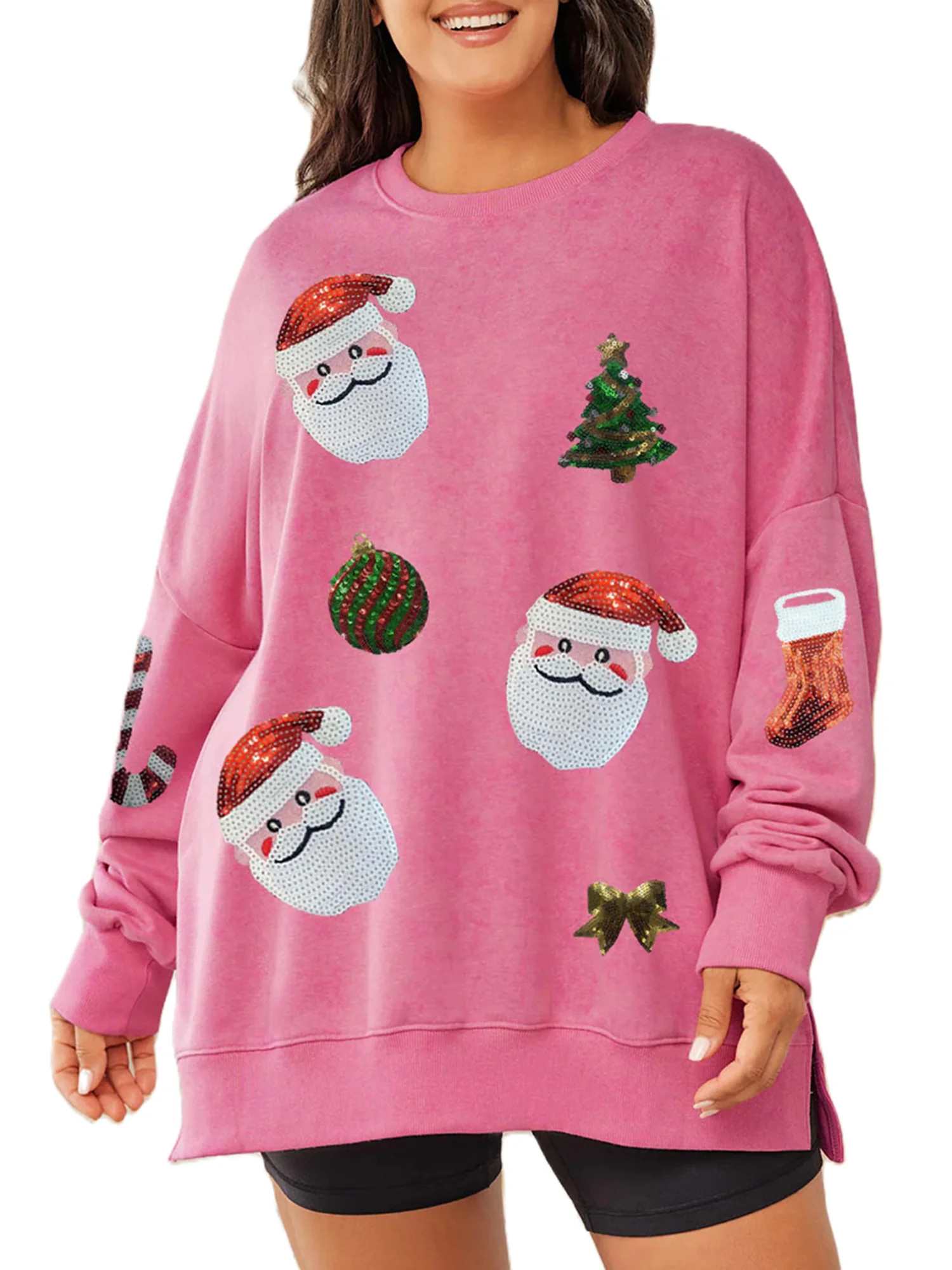 ESASSALYY Women’s Christmas Sweatshirts Sequin Santa Graphic Long Sleeve Crew Neck Pullovers Ov... | Walmart (US)