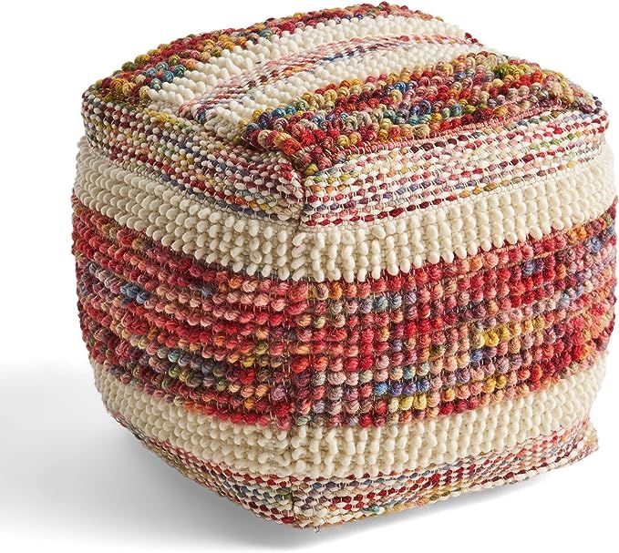 Great Deal Furniture Ivy Boho Wool and Cotton Ottoman Pouf, Multicolored and White | Amazon (US)