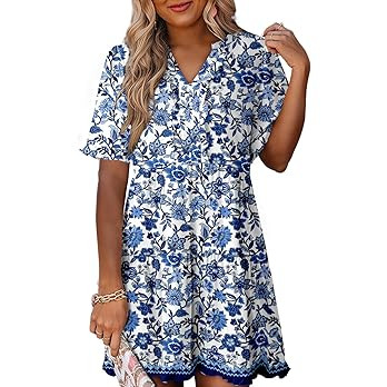 Dokotoo Women's V Neck Short Sleeve Tiered Ruffle Mini Skater Dress Casual Summer Swing Tunic Dre... | Amazon (US)