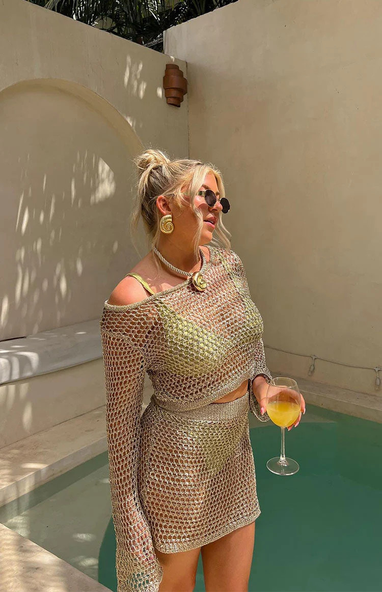 Wild Thoughts Gold Metallic Fishnet Mini Skirt | Beginning Boutique (US)