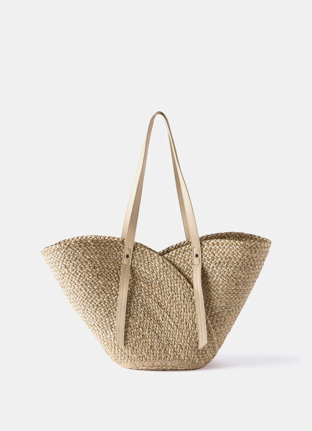 Neutral Scallop Leather Trim Straw Bag | Mint Velvet