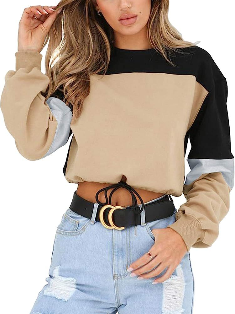 Angashion Womens Sweatshirt-Long Sleeve Drawstring Hem Color Block Crop Top Pullover Tops | Amazon (US)