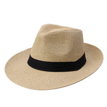 Unisex Fedora Panama Wide Brim Trilby Straw Hat Beach Cap Travel Black Ribbon Sun Cap | Newchic US