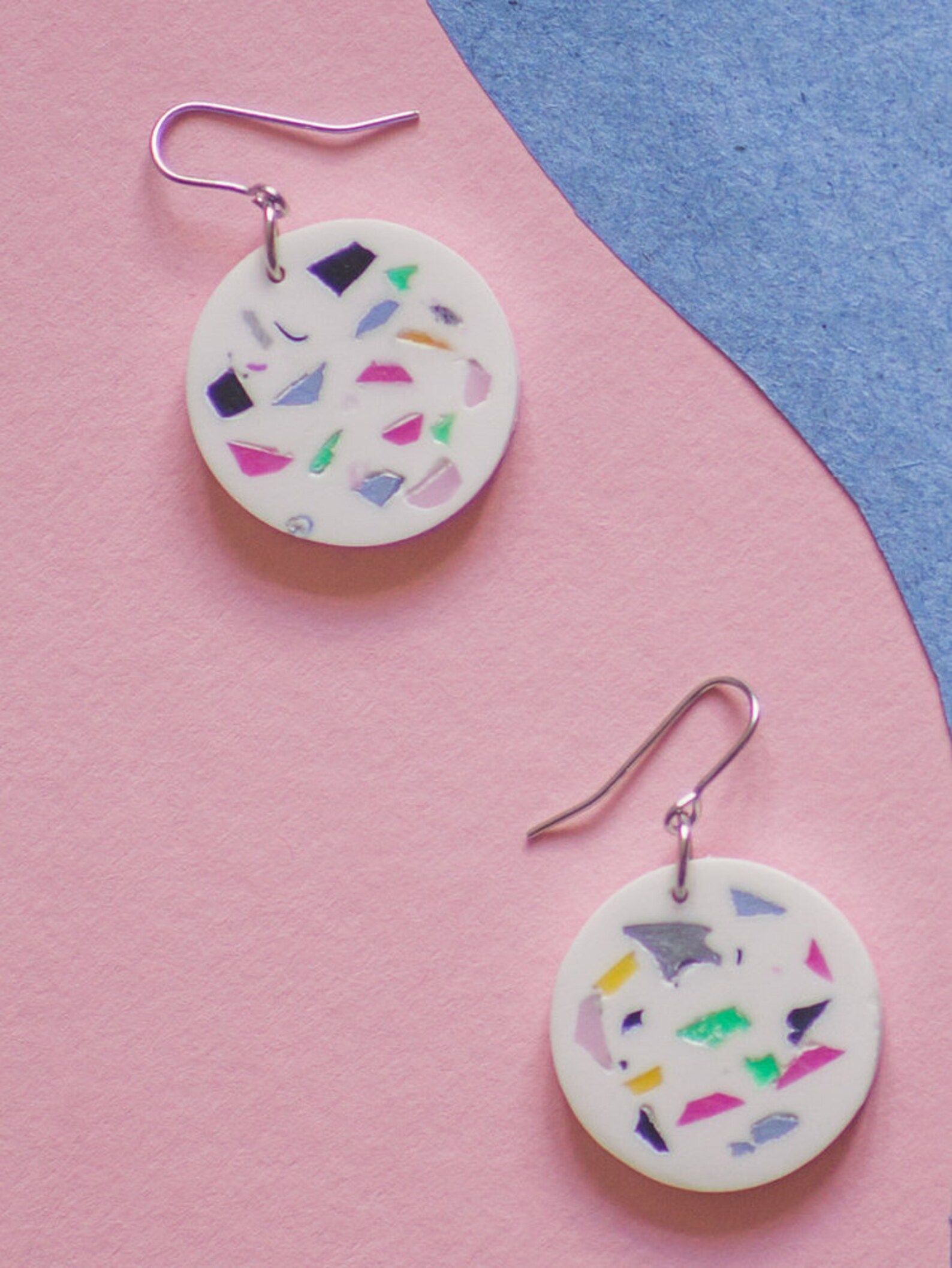Terrazzo Dangle Disc Earrings- statement earrings in white with pink, green, black etc, on stainl... | Etsy (UK)