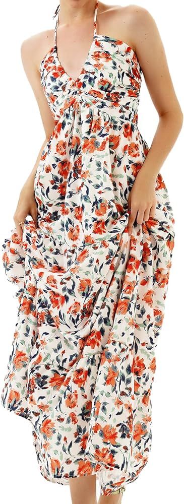 Women Halter Neck Deep V Floral Dress Elegant Chiffon Maxi Dress Flowy Summer Dress Classic Vacat... | Amazon (US)