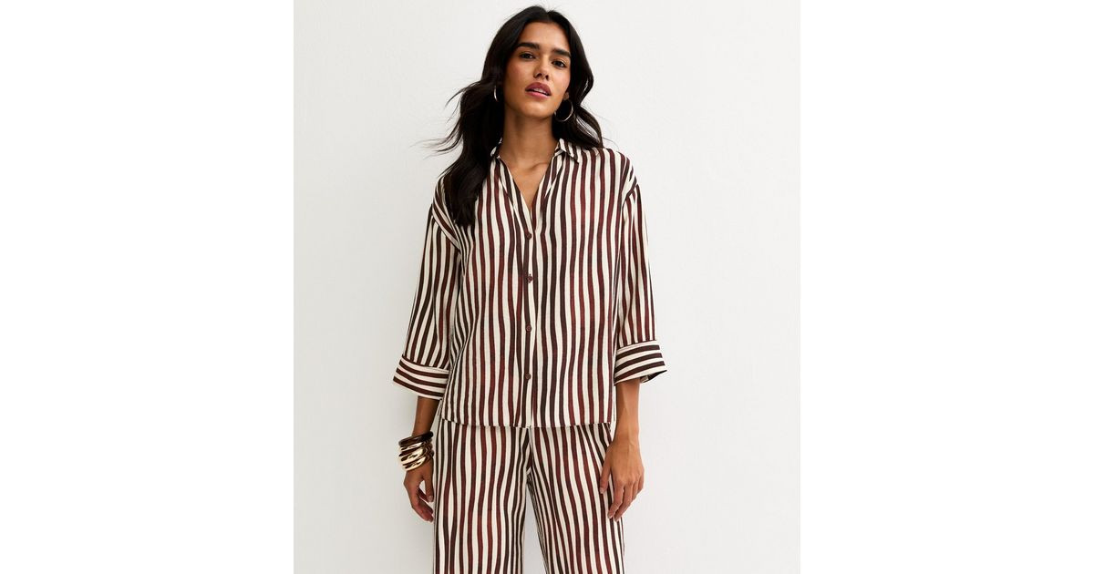 Dark Brown Striped 3/4 Sleeve Shirt | New Look | New Look (UK)