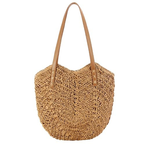 EDLMKM Straw Shoulder Bag For Women, Large Summer Beach Straw Bag with Handle Zipper, Bohemian Weave Handmade Rattan Shoulder Purse Leather Strap, for Holiday Travel Shopping Picnic Beach (brown) | Amazon (UK)
