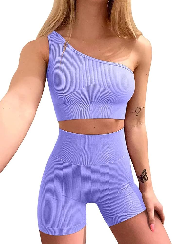 OQQ Workout Outfits for Women 2 Piece Ribbed One Shoulder High Waist Shorts With Sports Bra Exerc... | Amazon (US)
