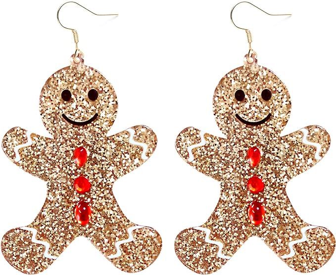 Christmas Gingerbread Man Charm Dangle Drop Earrings Glitter Gold Acrylic Resin Fashion Statement... | Amazon (US)