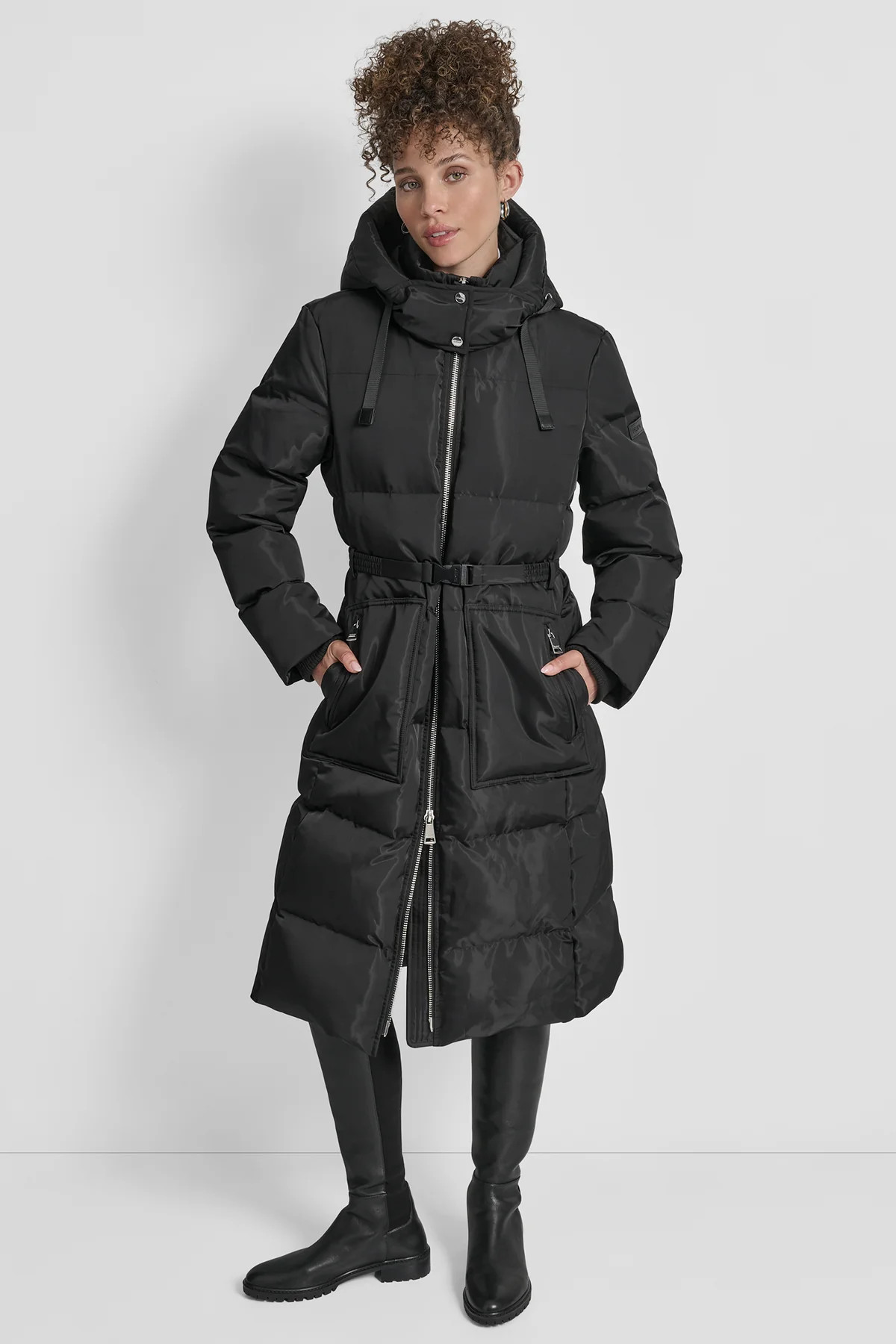 BOX QUILT PUFFER WITH BELT AND ZIPPER POCKETS | DKNY