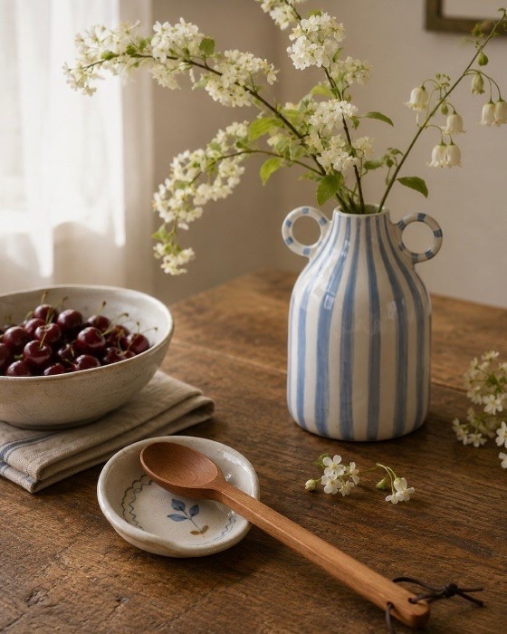 Some of my favorite kitchen moments are the simplest ones. 🤍

A beautiful spoon rest, a vase filled with fresh white blooms, a bowl of summer cherries, and the warmth of a well-loved wooden table—it’s the little details that make a home feel timeless and inviting.
#dish #spoon #vase
