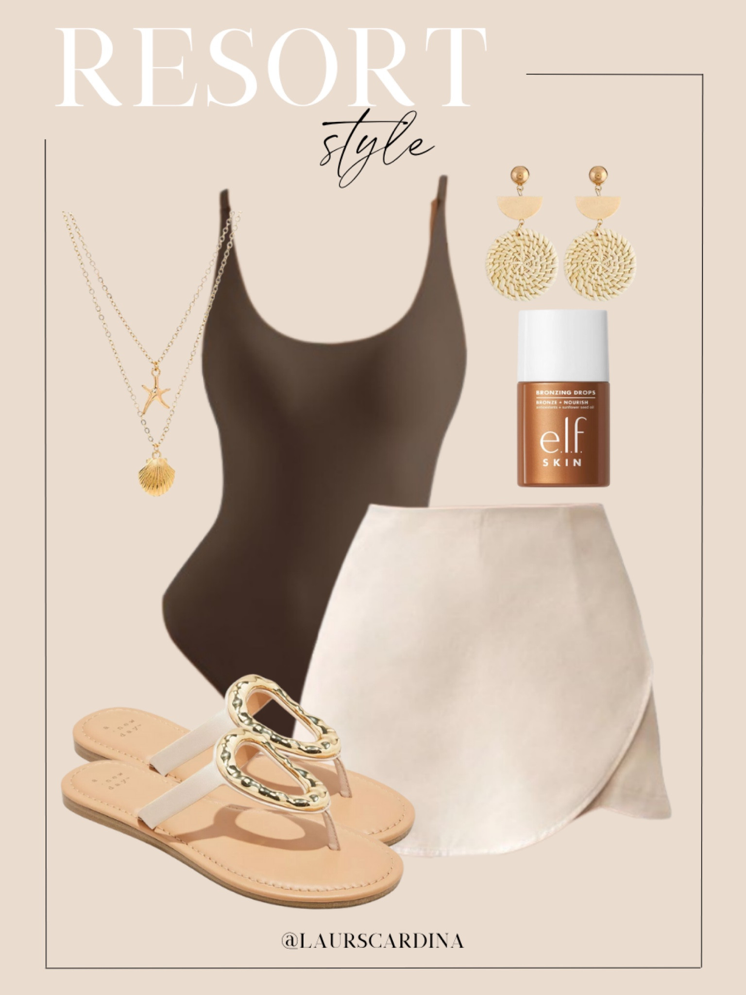 Resort style outfit! I’ve paired a brown bodysuit with a an off white wrap skirt, sandals, a layered necklace, dangling earrings, and e.l.f bronzing drops.

Ootd, date night, vacation outfit, summer outfit, amazon fashion

#LTKStyleTip #LTKShoeCrush #LTKFindsUnder50