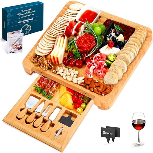 Easoger Cheese Board, Large Charcuterie Board Set, Bamboo Serving Platter, 4 Serving Knives and Utensils - House Warming Gifts, Wedding Gifts for Couples, Birthday Gift for Women or Men | Amazon (US)